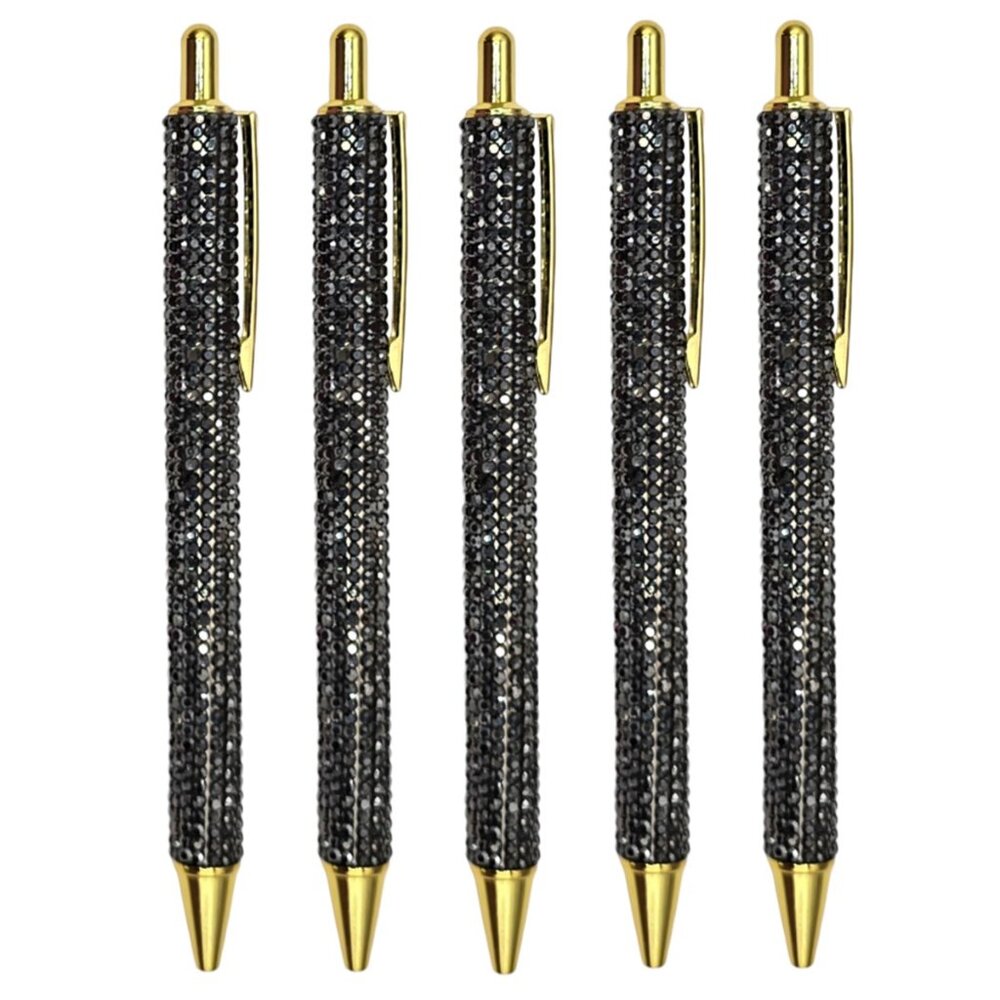 🟢 5️⃣ Pack Bling Rhinestone Hematite Ballpoint Pens with Case